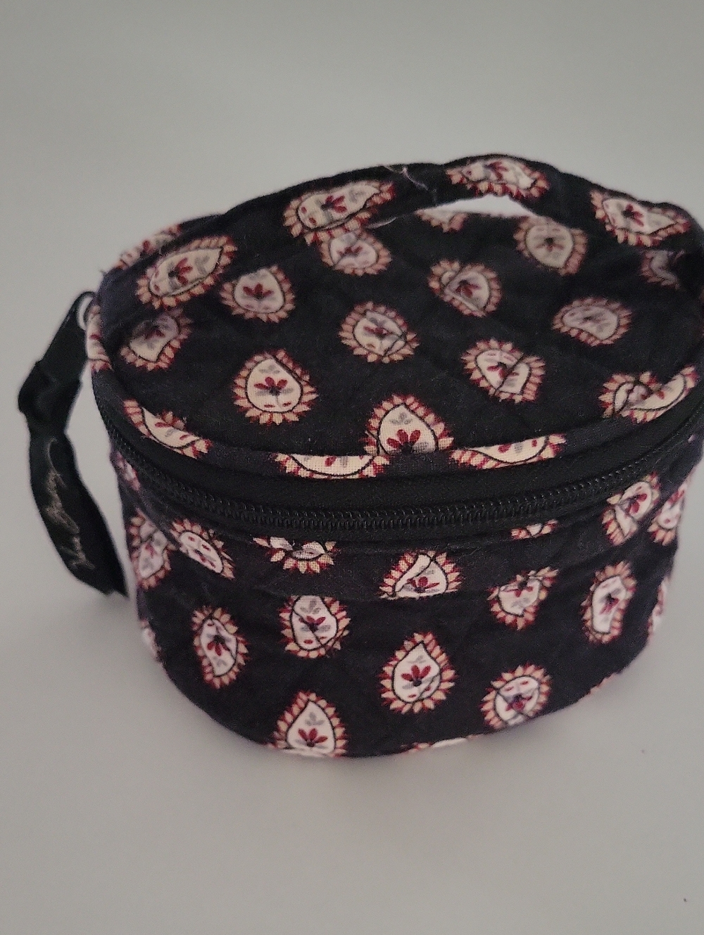 Vera Bradley Black Quilted Round Cosmetic Case with Pink Floral Motif